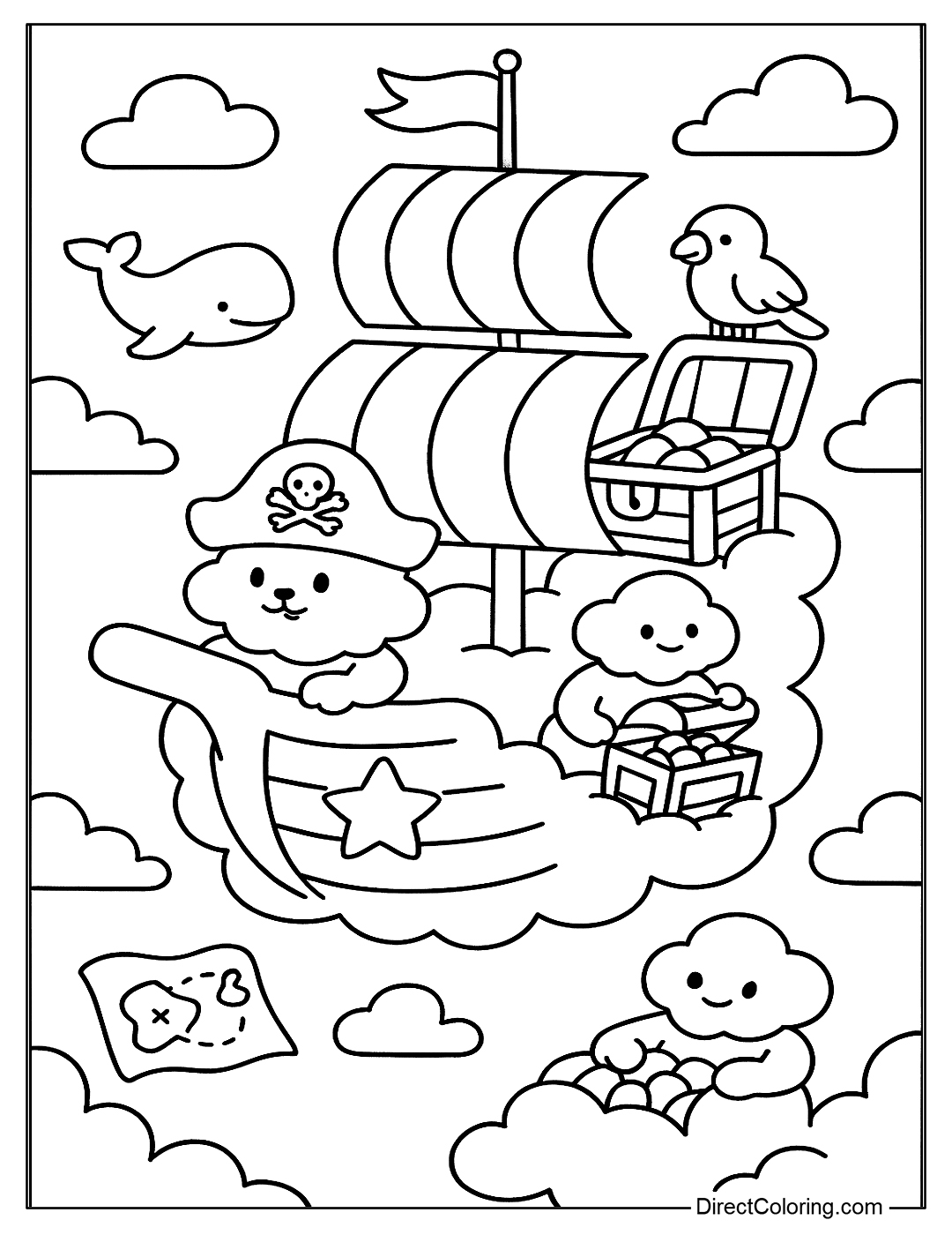 A cloud shaped like a pirate ship with rainbow sails and a star rudder. Little clouds are the cat sailors, parrots, and treasure chests